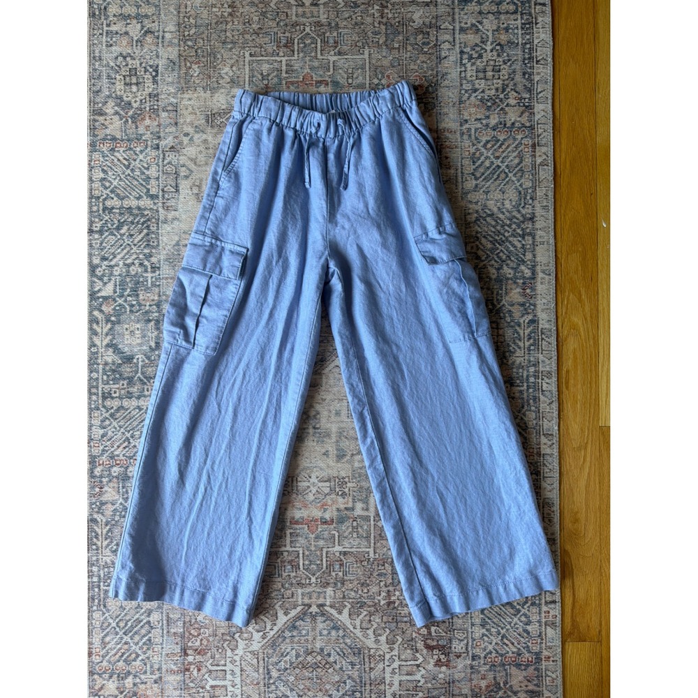 Gap Kids Blue Linen Blend Wide Leg Cargo Pants Sz M 8-9 Elastic Waist Drawstring